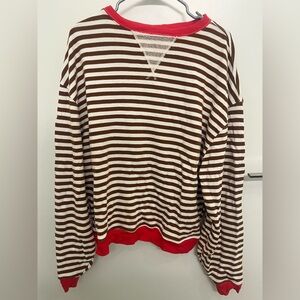 Free People We The Free Brown and White Classic Crewneck Striped Sweater